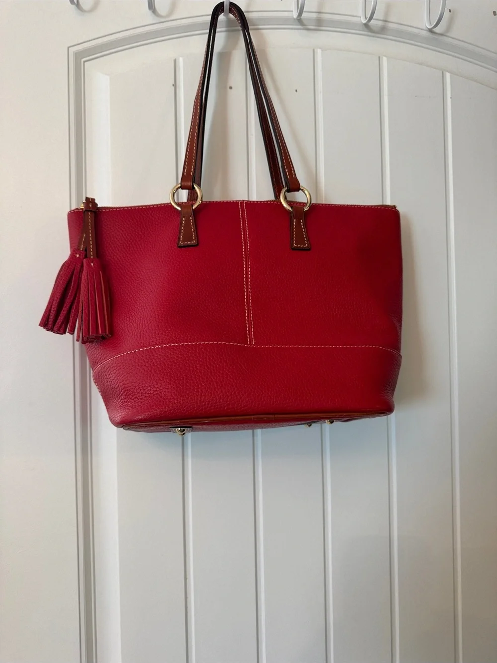 Dooney & Bourke Red Pebbled Leather Tote with Brown Handles
